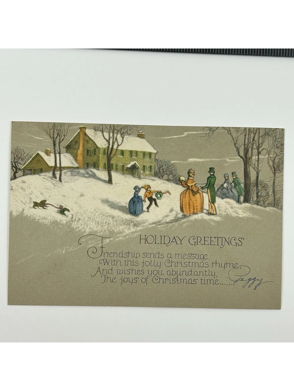 Vintage Christmas Greeting Card Winter Scene Poem Signed Peggy Made in USA  E-10